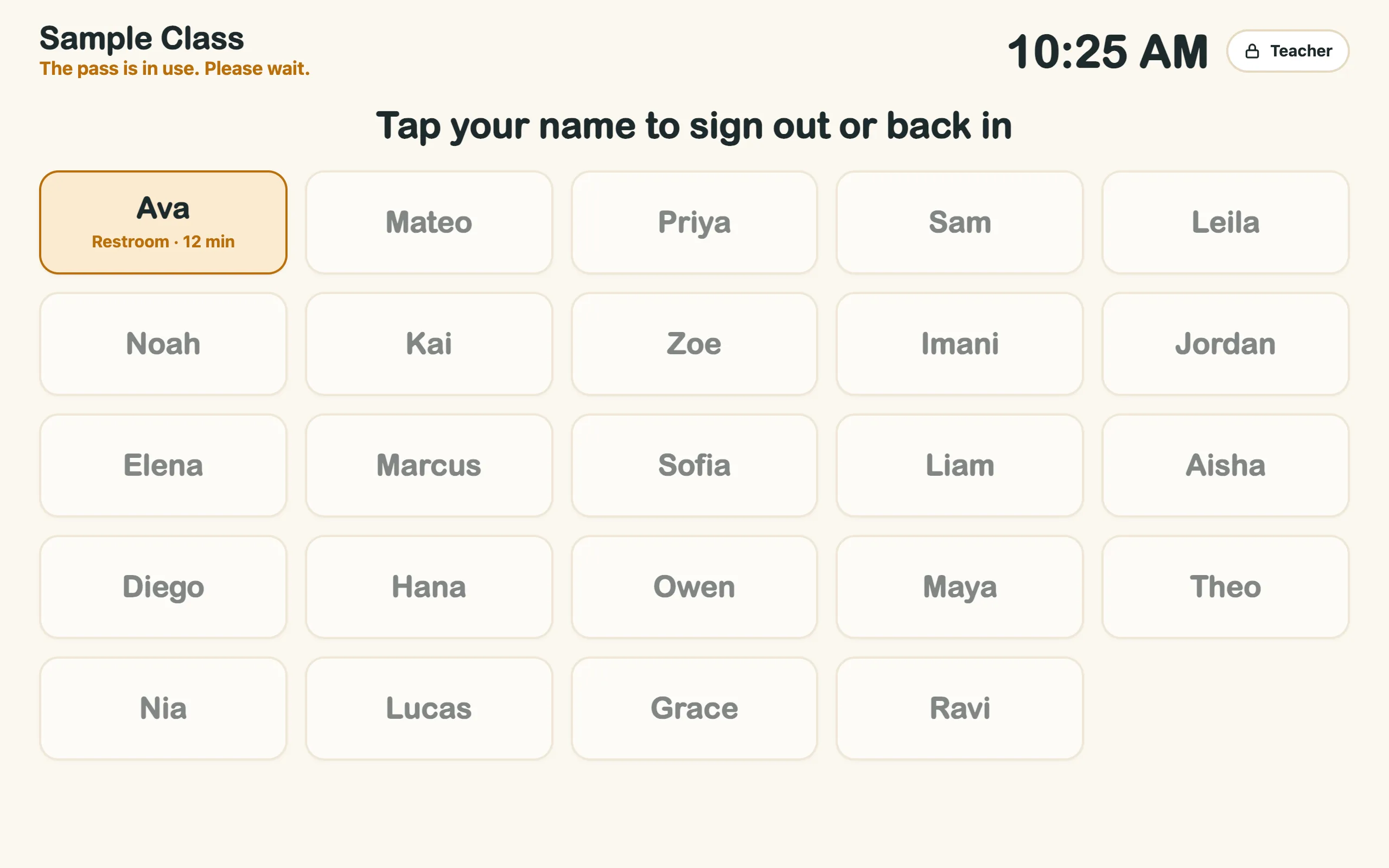 Student screen with a grid of name buttons; Ava is out to the restroom and others are told to wait