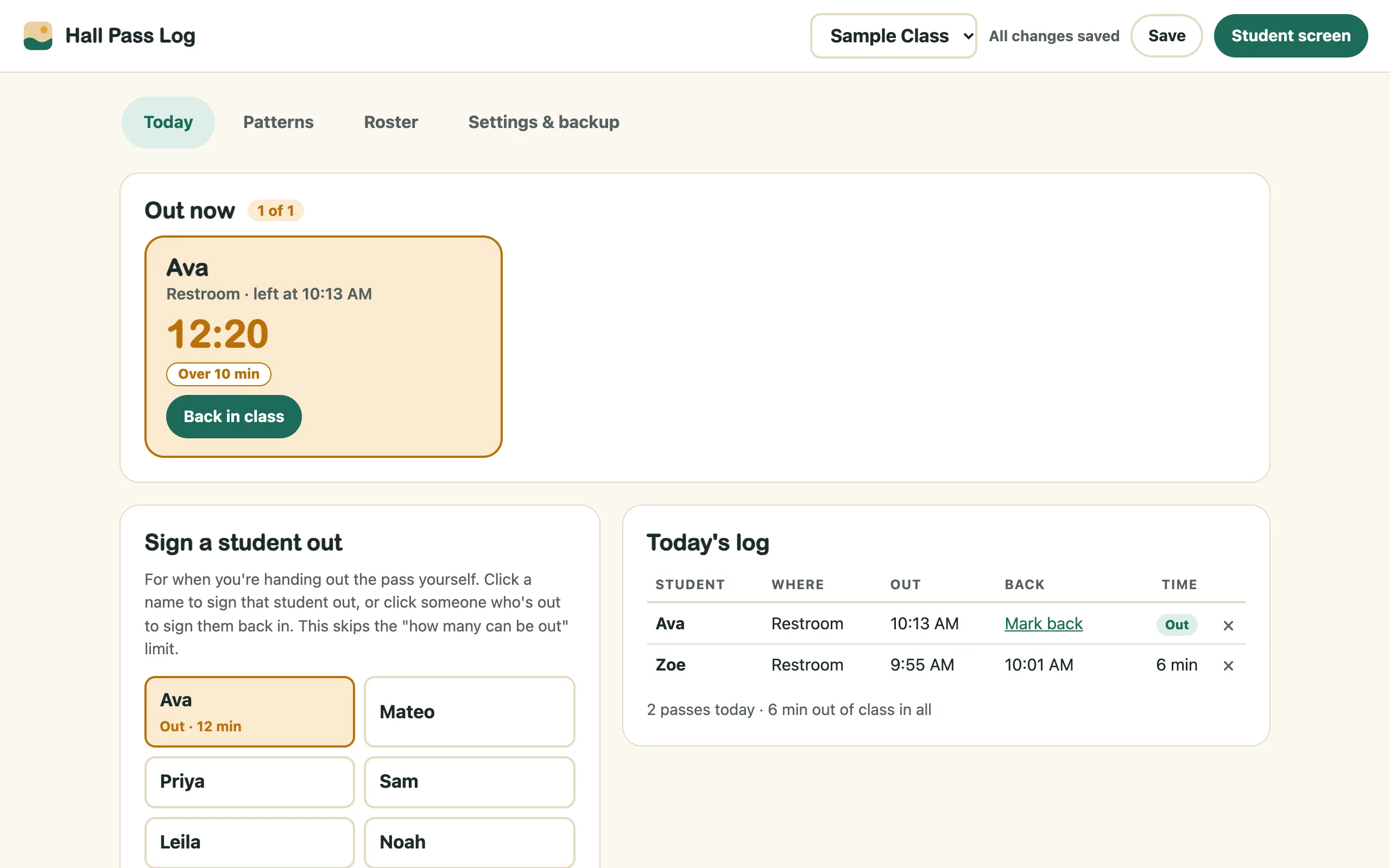 Today tab with one student out for 12 minutes, a sign-out panel and today's log