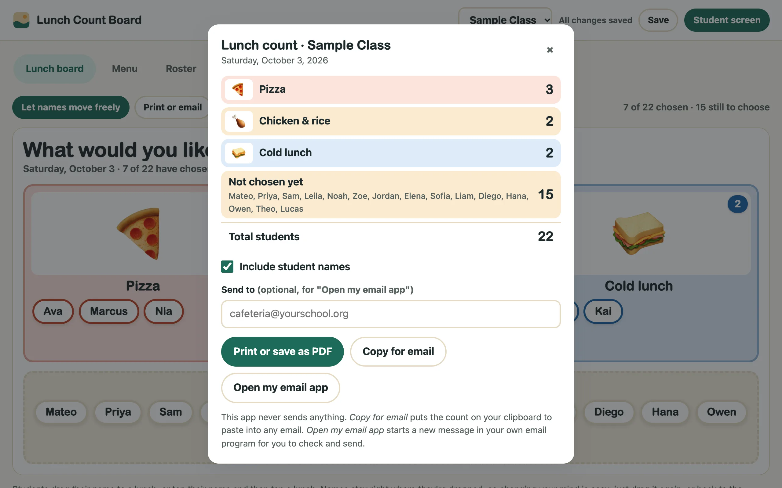 Lunch count dialog with totals per meal and names not chosen yet