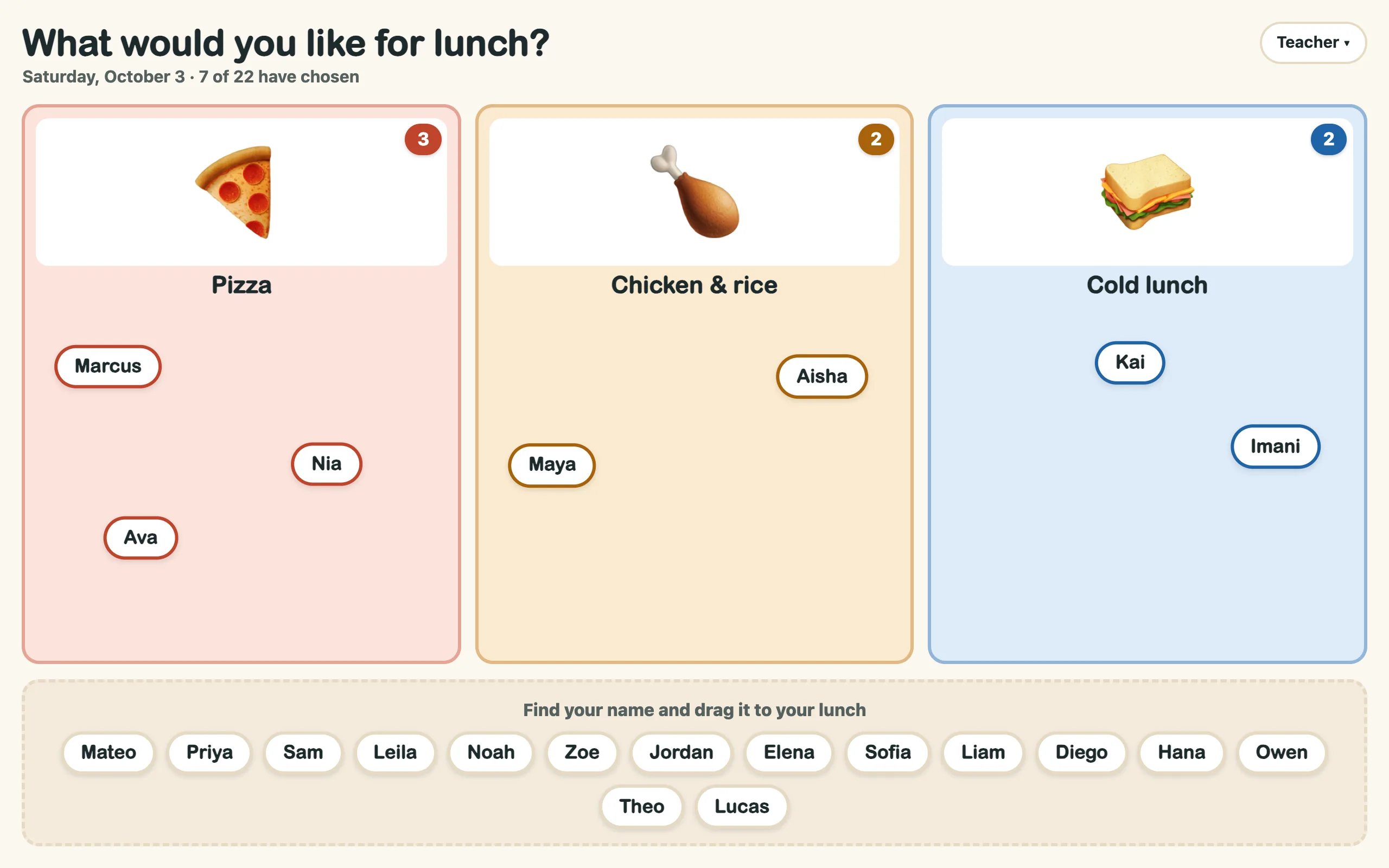 Student board with Pizza, Chicken and rice, and Cold lunch columns; some names placed and the rest in the tray